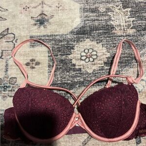 PINK Lace Push-Up Bra in Burgundy with Pink Trim